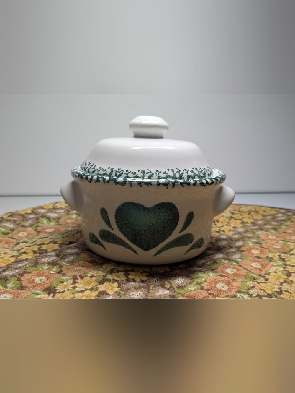 Country Green Heart Design Ceramic Individual Casserole Dish 5" Diameter - Picture 1 of 13